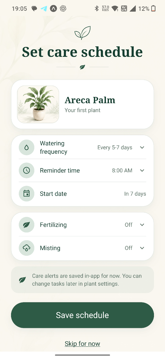 Set care schedule